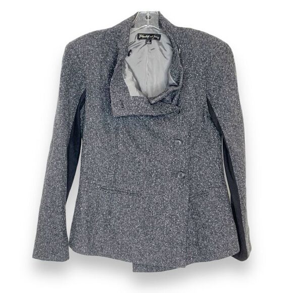 Elizabeth James Asymmetric Donegal Wool Blend Cowl Neck Blazer Coat Gray Black 4 - Picture 1 of 9
